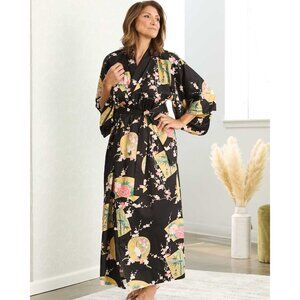 NEW Smithsonian S Black Kimono Robe Floral Fan Crane Yukata Made Japan